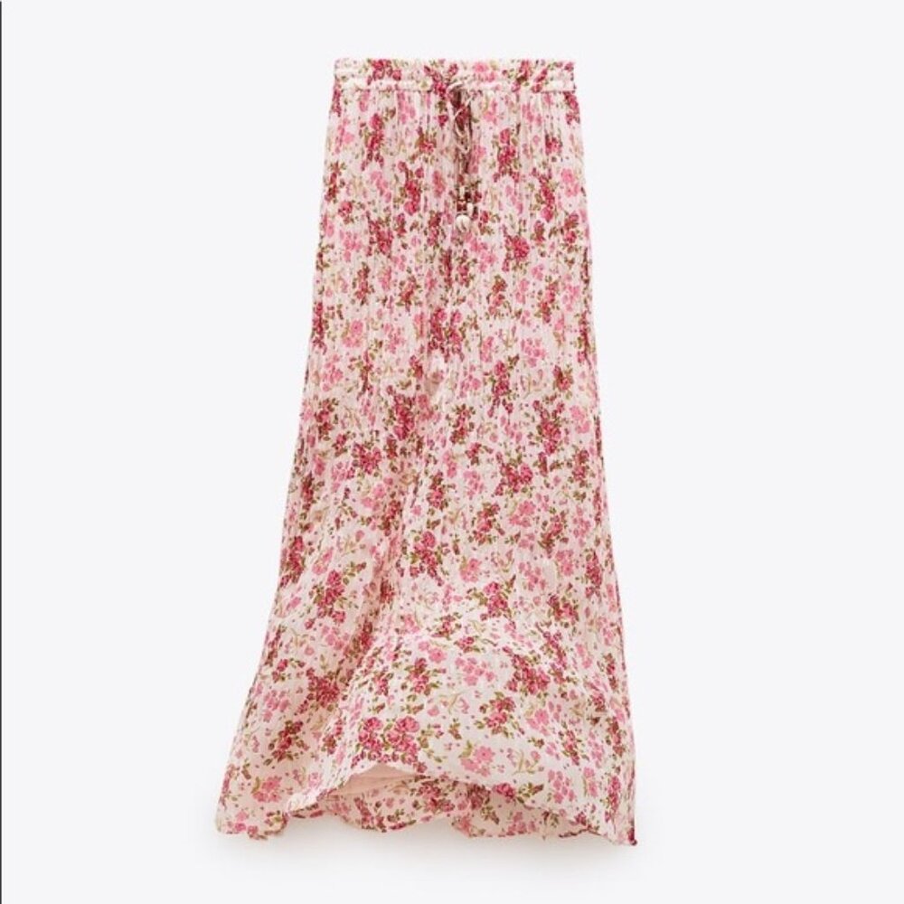 Zara Floral PRINTED Maxi SKIRT W/ BEADS High Waist Drawstring